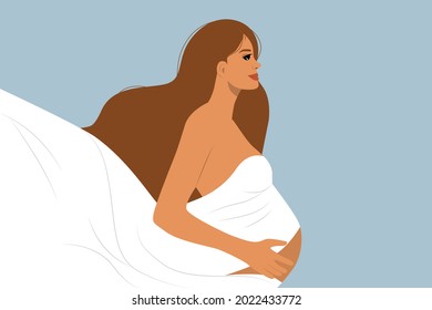Beautiful pregnant woman. Pregnancy flat character with long hair and dress. Concept vector illustration in flat style