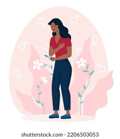 Beautiful pregnant woman with a pregnancy test. Pregnancy concept. Maternity background. Poster. Future mother. Flat vector illustration.