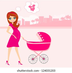  beautiful pregnant woman pushing a stroller