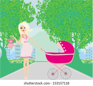 beautiful pregnant woman pushing a stroller 