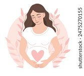 Beautiful pregnant woman puts her hands on her stomach.Maternity,parenthood,,future mother.Flat vector illustration