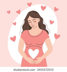 Beautiful pregnant woman puts her hands on her stomach.Maternity,parenthood,,future mother.Flat vector illustration