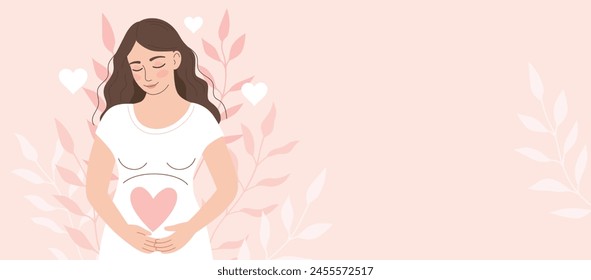 Mujer embarazada hermosa pone sus manos en su estómago.Maternidad, paternidad, futura madre.Anuncio con espacio para texto.Ilustración vectorial plana