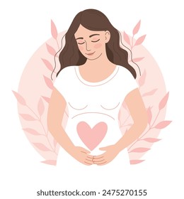 Beautiful pregnant woman puts her hands on her stomach.Maternity,parenthood,,future mother.Flat vector illustration