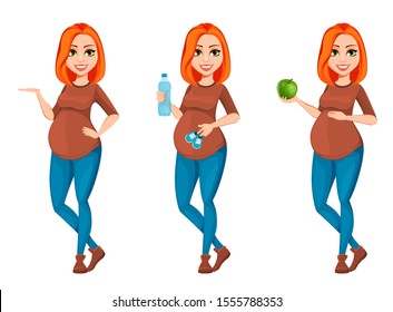 Beautiful pregnant woman, set of three poses. Cheerful pregnant lady cartoon character. Vector illustration