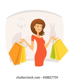 Beautiful pregnant woman with shopping bags in shopping mall - Shutterstock ID 458827759