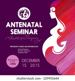 Beautiful pregnant woman silhouette. Antenatal seminar training poster. School for parent design. Vector illustration