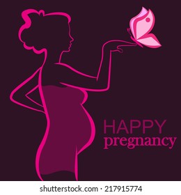 Beautiful Pregnant woman silhouette with butterfly. Vector illustration