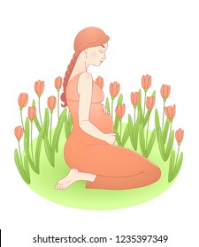 Beautiful pregnant woman sitting in a glade with tulips. Happy waiting for baby. Mother's day illustration