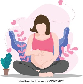 Beautiful pregnant woman touching her belly sitting by the nature