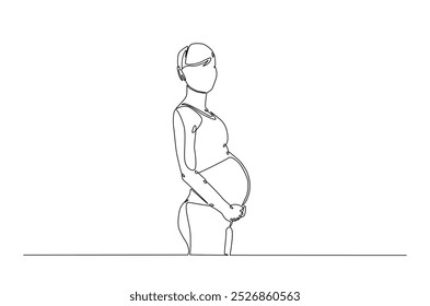 Beautiful pregnant woman touching her belly in continuous one line drawing. Simple line art illustration of pregnant belly. Editable vector.