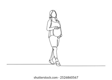 Beautiful pregnant woman touching her belly in continuous one line drawing. Simple line art illustration of pregnant belly. Editable vector.