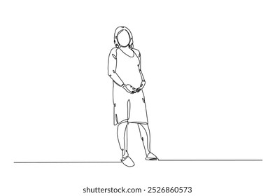 Beautiful pregnant woman touching her belly in continuous one line drawing. Simple line art illustration of pregnant belly. Editable vector.