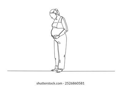 Beautiful pregnant woman touching her belly in continuous one line drawing. Simple line art illustration of pregnant belly. Editable vector.