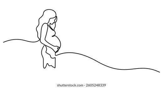 Beautiful pregnant woman touching her belly in continuous one line drawing. Simple line art illustration of pregnant belly. Pregnant Woman Continuous Line Icon. Single Line Vector Illustration.  
