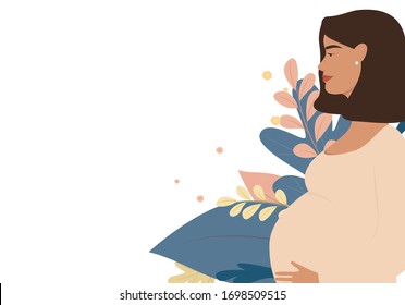 Beautiful pregnant woman. Vector illustration of a woman expecting a baby. Happy mom is expecting a baby. Pregnancy. Vector concept of pastel colors for the Mother's day, Valentine's day, March 8