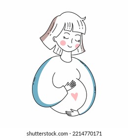 Beautiful pregnant woman waiting for birth of child. Happy mother. Vector doodle illustration. Pregnancy and childbirth.