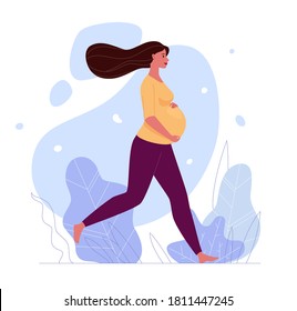 A beautiful pregnant woman is walking barefoot, hugging her big belly. Profile picture. Illustration. Vector in a flat cartoon style.