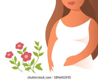 Beautiful pregnant woman in a white dress. Behind a green plant. Background with place for text. Vector illustration about motherhood.