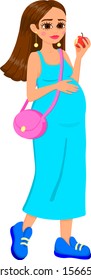 Beautiful pregnant women with an apple in her hand.Hand on the stomach.
Vector and illustration.