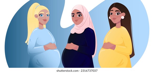 Beautiful pregnant women of different nationalities.Pregnancy and motherhood. girl holding a pregnant belly. Vector