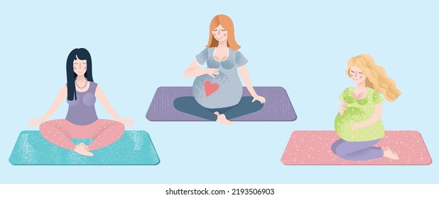 Beautiful pregnant women do yoga with a trainer, lead a healthy lifestyle and relax. Vector flat illustration. Healthy pregnancy concept.