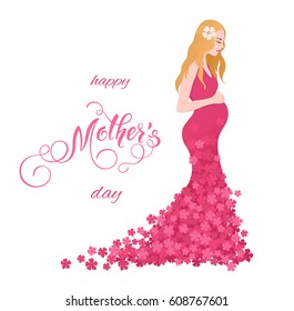 Beautiful pregnant women in flowery dress. Mothers Day greeting card with lettering. Spring holidays. Vector illustration EPS10.