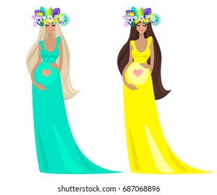The beautiful pregnant women in long turquoise and yellow dresses, caressing belly with heart on it, tropical coronal from summer leaves and flowers, with closed eyes, long hairs. Vector illustration