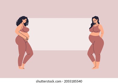 Beautiful pregnant women over blank poster background. Young women in sports tight-fitting comfortable suit. Vector illustration of chubby adult girls in cozy clothes with empty place for text.