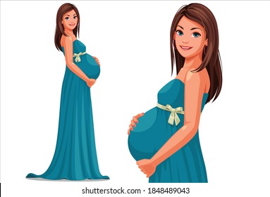 Beautiful pregnant women wearing long blue dress holding her belly