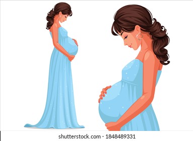 Beautiful pregnant women wearing long sky blue dress holding her belly