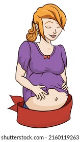 Beautiful, pregnant young blonde woman, touching her belly and covering it with an empty ribbon.