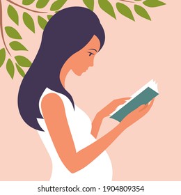 Beautiful pregnant young woman is reading a book. Explores advice for maternal and child health. Vector flat illustration.