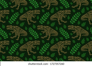 Beautiful prehistoric seamless pattern with brown tribal tyrannosaurus silhouettes and green leaves on the dark background