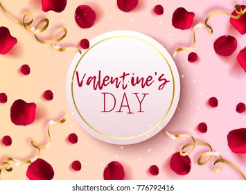 Beautiful premium illustration of congratulations on Valentine's day. Top view of realistic rose petals on a pink background and golden serpentine. Vector illustration.