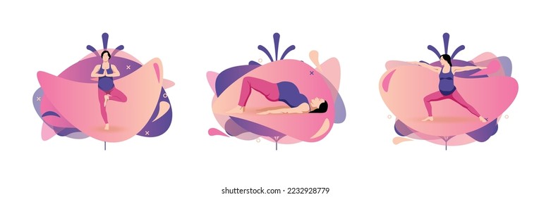 Beautiful prenatal yoga illustration set. pregnant woman doing prenatal yoga. Vector illustration.