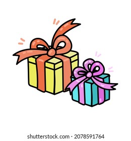 Beautiful present blue and yellow boxes with red bow. Vector illustration. Christmas gift box. Colorful wrapped gift boxes.
