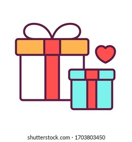 Beautiful present box with overwhelming bow color icon. Isolated vector element. Outline pictogram for web page, mobile app, promo.