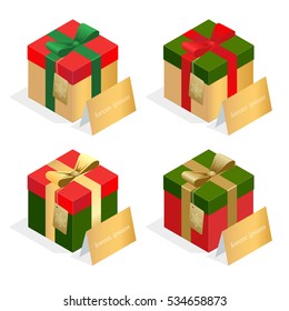 Beautiful present box with overwhelming bow. Christmas and New Year sale. Shopping at supermarket. 