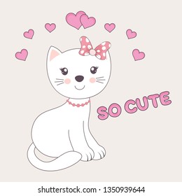 Beautiful pretty cat girl dreams of love. The background is made in the white style of with pink hearts. Vector illustration drawn in flat style. Drawing can be applied to children's t-shirts.