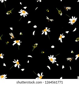 Beautiful  pretty daisy floral print  blowing in the wind design with bumble bees seamless pattern in vector for fashion ,fabric ,wallpaper and all prints on black