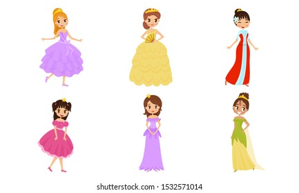 Beautiful Pretty Princess Carrying Crown Vector Illustrations Set