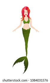 Beautiful pretty young redhead cartoon vector mermaid with long green tail and a lot of sparkling glitter on it. Smiling Fairytale  creature isolated at white background.