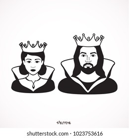 Beautiful prince and princess with crown. vector illustration, king and queen. Flat style,  icon isolated on white background