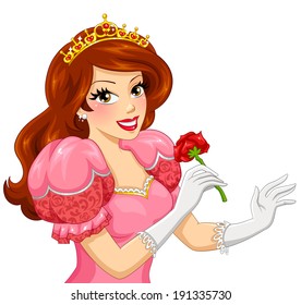 beautiful princess with brown hair holding a red rose