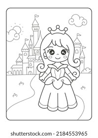 Beautiful princess with castle printable coloring page svg