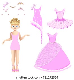 Beautiful princess with a collection of dresses and accessories. Vector illustration. Set.