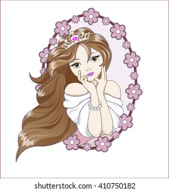 The beautiful princess in crown dreams in a pink dress in a flower frame