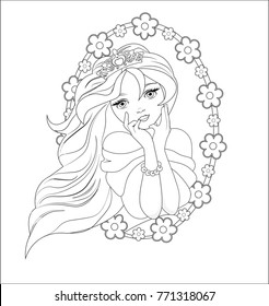 The beautiful princess in crown dreams in a white dress in a flower frame, coloring