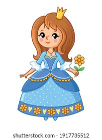 A beautiful princess with a crown and a flower in her hand stands on a white background. Vector illustration in cartoon style.